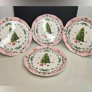 Potter’s Studio 4 brand new ceramic Christmas tree pink dessert/salad plates
